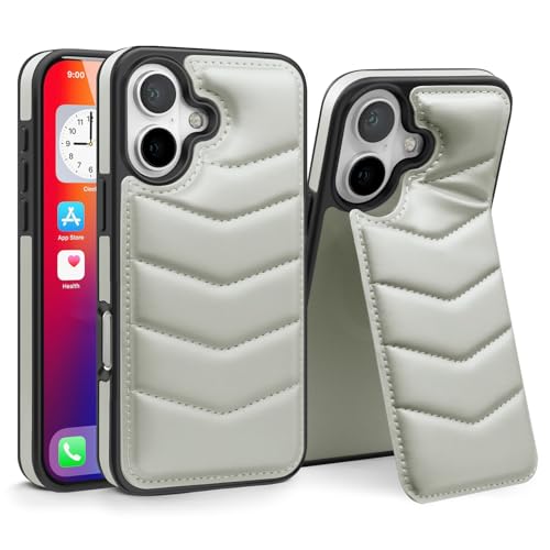 nincyee Schutzhülle für iPhone 16, Lycra-Daunenmuster, Premium-PU-Leder mit Kartenhalter, versteckter klappbarer Ständer, kabelloses Aufladen, kompatibel mit Grau von nincyee