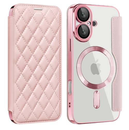 nincyee Schutzhülle für iPhone 16, elegantes Rautenmuster, Premium-PU-Leder, Brieftaschen-Klapphülle + TPU-Magnetanziehungsschale, kabelloses Aufladen, kompatibel mit rosa von nincyee