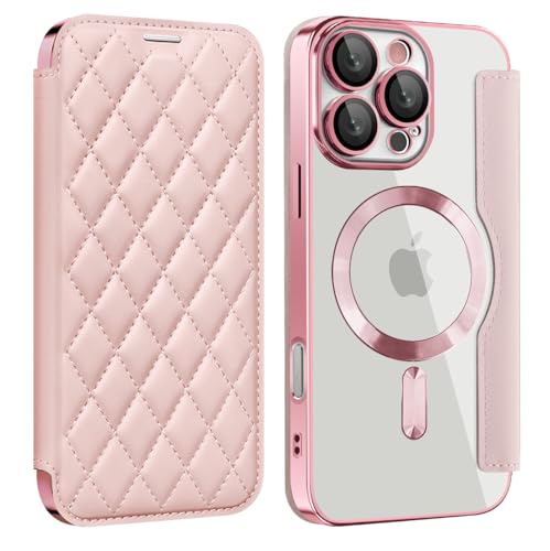 nincyee Schutzhülle für iPhone 16 Pro Max, elegantes Rautenmuster, Premium-PU-Leder, Brieftaschen-Klapphülle + TPU-Magnetanziehungsschale, kabelloses Aufladen, kompatibel mit rosa von nincyee