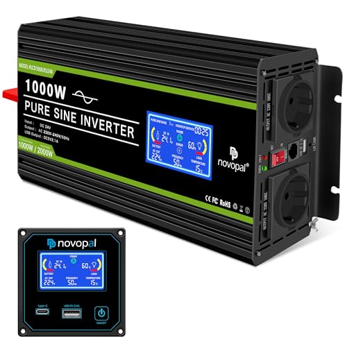 NOVOPAL 1000W Kfz Wechselrichter Spannungswandler 24v 230v Reiner Sinus mit LCD-Display und USB-Anschluss + 2AC Steckdosen mit USB-Ausgang und 5m-Fernbedienung von novopal