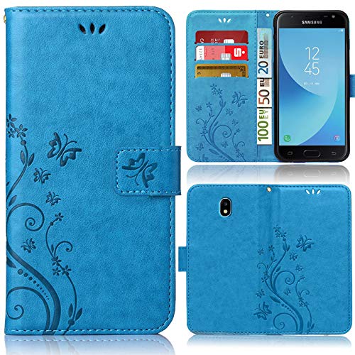 numerva Hülle kompatibel mit Samsung Galaxy J3 2017 Handyhülle Tasche mit Kartenfach Blumenmuster Blau von numerva