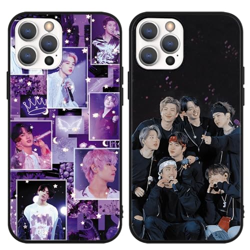 nurkorki 2 Stück Kpop Sänger Handyhülle für iPhone 13 Pro Hülle 6,1",Jimin Jin V J-Hope JUNG KOOK SUGA RM Muster Cartoon Cover Schutzhülle für Mädchen,Fans,Schwarz Silikon Stoßfest Case,Cartoon von nurkorki