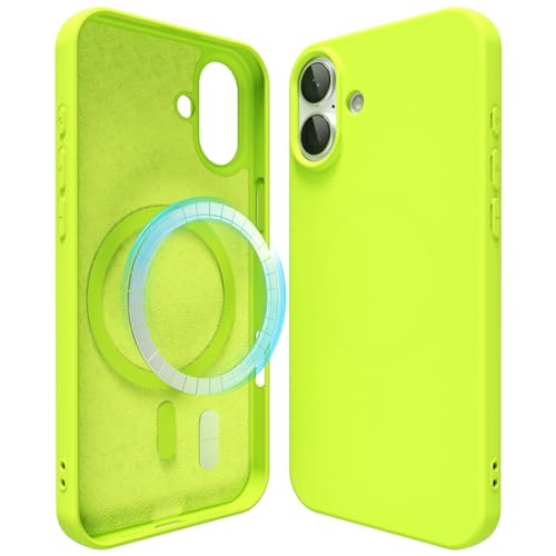 oakxco für iPhone 16 Plus Hülle Silikon Case mit Magsafe Laden, Dünn Bunt Magnetisch Handyhülle Stoßfest Matt Gummi, Weich Kratzfest Schutz Einfarbig Frauen Handy Hülle, Neon Gelb von oakxco