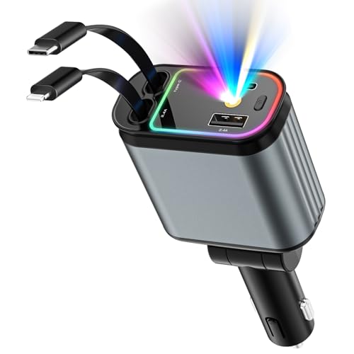 Ofottofo 4 in 1 Einziehbares Auto Ladegerät Adapter, 66W USB C Handy Schnelles Autoladegerät ZigarettenanzüNder, Ladekabel Auto Kompatibel mit iPhone, Samsung Galaxy, Google Pixel, Zwei Lichtmodi von ofottofo