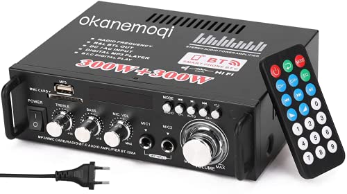 Bluetooth 5.0 Verstärker, Mini hifi Stereo Verstärker, 12V/ 220V 2-Kanal für Heimlautsprecher 300W x 2 mit Bass- und Höhenregler LCD Display BT FM Radio von okanemoqi