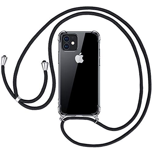 omitium Handykette für iPhone 12/12 Pro, Transparent Hülle mit Band iPhone 12 Pro Stoßfest Silikon Schutzhülle Durchsichtige Handyhülle iPhone 12 Halskette Cover mit Kordel zum Umhängen Case, Schwarz von omitium