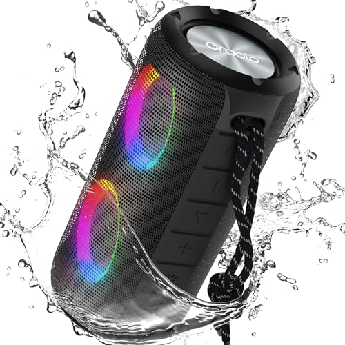 oraolo Leistungsstarker tragbarer Bluetooth-Lautsprecher mit doppelten Lichtern, 24 Stunden, kräftiger Bass, IPX6 wasserdicht, Bluetooth 5.3, AUX-Eingang, integriertes Mikrofon, wiederaufladbar Typ C von oraolo