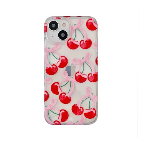 owwiktten Schutzhülle für iPhone 15, 15,5 cm (6,1 Zoll), niedliche Kawaii-Aeshteitc Kokette rote Kirschen Früchte, trendige Y2K Girly Schutzhülle für iPhone 15, 15,5 cm (6,1 Zoll), Rosa Schleife von owwiktten