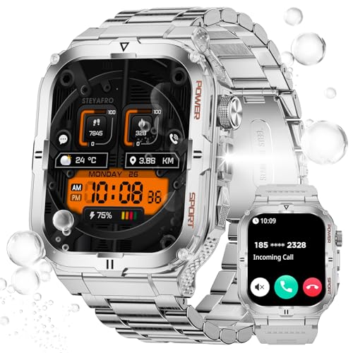 Militär-Smartwatch für Herren mit LED-Taschenlampe, 3 ATM wasserdicht, 5 cm großer Bildschirm, robuste taktische Smartwatch mit Anruf, Sport-Fitness-Tracker mit Herzfrequenz-Schlaf-Monitor für iPhone, von paazomu