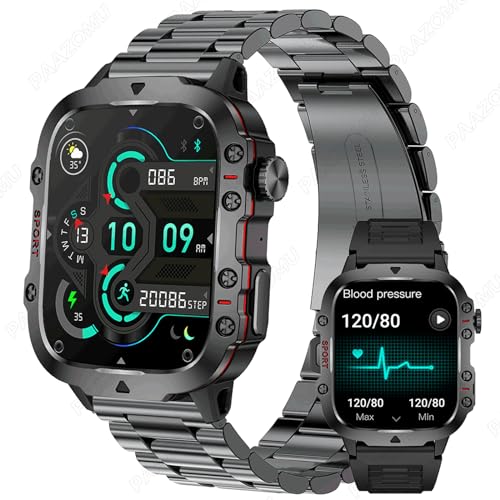 paazomu 2024 Neue Smartwatch Herren Robuste Militär Bluetooth Anruf Sport Herzfrequenz IP68 Wasserdicht Outdoor Smart Watches für Android IOS (Stahl Schwarz) von paazomu