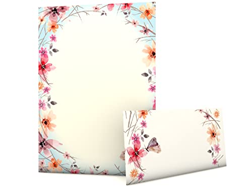 Briefpapier-Set "Frühlingsreigen" | 20 Blatt Motivpapier DIN A4 + 20 Kuverts DIN LANG | Schreib-Set | Aquarell Schmetterlinge Blumen von paperandpicture.de