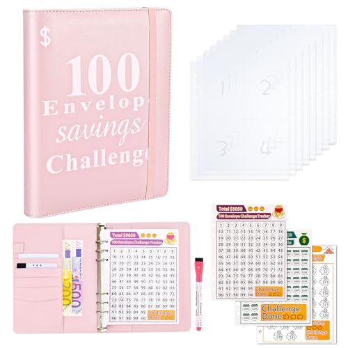 patinadrift 100 Envelope Saving Challenge, A5 Budget Planner Challenges Set, Budget Binder Geldplaner Mappe, Haushaltsbuch mit Geldfächer, Spar Challenge für Hause und Schule, leicht zu sparen 5050 € von patinadrift