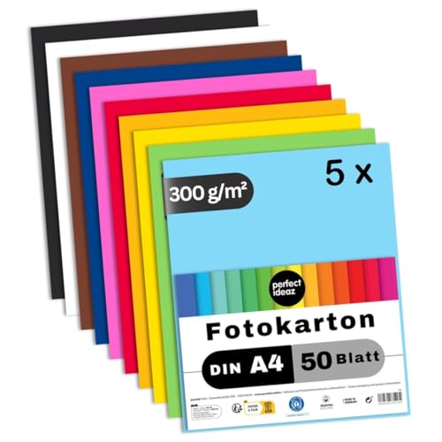 perfect ideaz 250 Blatt Fotokarton DIN-A4, 10 Farben, 300 g/m², MADE IN GERMANY (5 x 50 Blatt) von perfect ideaz