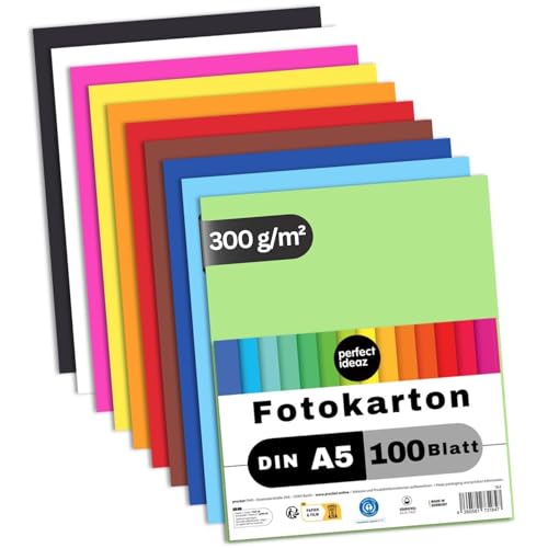 perfect ideaz - 100 Blatt Fotokarton DIN-A5, 10 Farben, 300 g/m², made in Germany, Blauer Engel zertifiziert von perfect ideaz