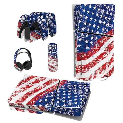 PlayVital Full Set Skin Sticker für ps5 Slim Konsole Disc Edition,Aufkleber Vinyl-Skin Stickers Schutzfolie Folie für ps5 Controller,Ladestation, Headset,Medienfernbedienung-Impression US Flag von playvital