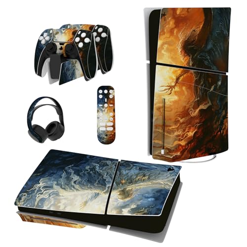 PlayVital Full Set Skin Sticker für ps5 Slim Konsole Disc Edition,Aufkleber Vinyl-Skin Stickers Schutzfolie Folie für ps5 Controller,Ladestation, Headset,Medienfernbedienung-Konflikt von playvital