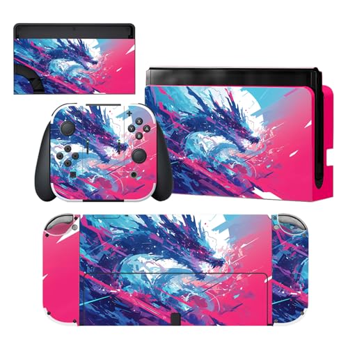 PlayVital Skin Sticker für Nintendo Switch OLED Modell,Aufkleber Sticker Decal Folie Abziehbild Faceplates Klebefolie für Switch OLED Konsole&Joy Con&Dock&Grip(Neon Drachenreiter) von playvital