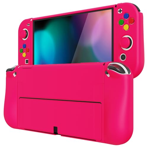 PlayVital ZealProtect Weiche Schutzhülle für Nintendo Switch OLED Konsole Joy Con, Case Hülle Cover Zubehör für Nintendo Switch OLED mit Sticks Kappen & ABXY Richtungstastenkappen(Leuchtend rosa) von playvital