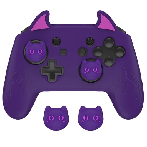 PlayVital Cute Dämon Silikon Hülle für Nintendo Switch Pro Controller, Skin Case Anti-Rutsche Schutzhülle mit Daumengriffkappen und Aufkleber-Lila von playvital