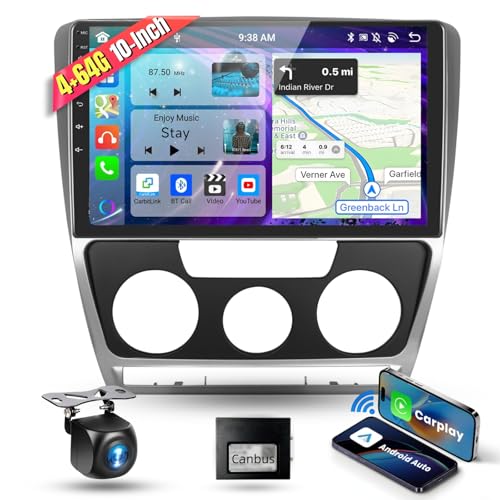 4G&64G 8-Core Podofo 10.1" Autoradio Bluetooth Für VW Skoda Octavia 2007-2013 Carplay Android Auto Wireless,WiFi GPS Navi HiFi/RDS/FM DSP,Android 13 Radio 2 din mit Touchscreen+AHD Rückfahrkamera von podofo