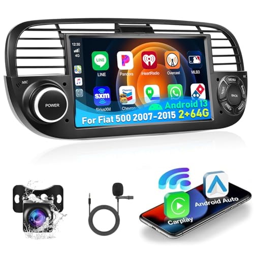 Podofo [2+64G] Autoradio für FIAT 500 2007–2015 mit kabellosem Apple Carplay Android Auto， 7" Android 13 Touchscreen Car Stereo mit Bluetooth/GPS/WiFi/RDS/FM/SWC/USB/MIC+AHD/CVBS-Telekamera hinten von podofo