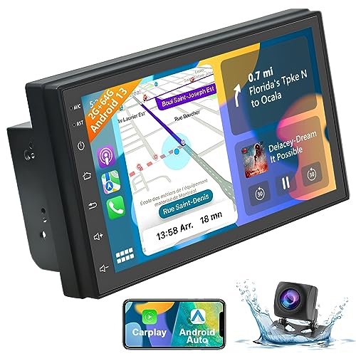 Podofo 2G+64G Autoradio Android 13 Double Din Avec Apple Carplay sans Fil Android Auto,Autoradio 7 Pouces écran Tactile 2.5D Avec Bluetooth/OBD2/Mirror Link/GPS/SWC/WiFi/FM&RDS+Caméra de Recul AHD von podofo