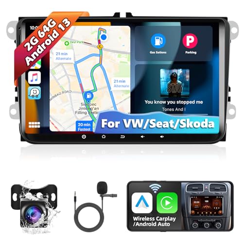 Podofo Android 13 Autoradio für VW 9 Zoll 2GB+64GB Touchscreen Carplay Android Auto Touchscreen Bildschirm mit GPS Navigation WiFi Bluetooth HiFi USB FM RDS EQ Radio+Rückfahrkamera von podofo