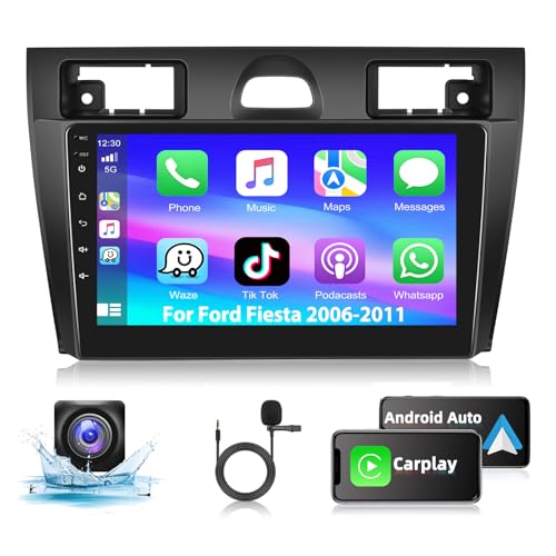 Podofo Autoradio für Ford Fiesta Mk VI Mk5 2006-2011 mit Wireless Carplay Android Auto, Android 13 2+64G 9''Touchscreen Radio mit Bluetooth,WiFi,GPS+Rückfahrkamera von podofo