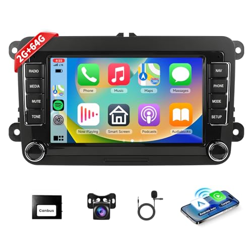 Podofo CarPlay Autoradio für VW Passat Golf Jetta Polo Bora Touran Seat Sharan, 7“ Touchscreen 2+64G Android 13 Wireless Carplay&Android Auto EQ Mirror Link Bluetooth GPS FM/RDS WiFi+Rückfahrkamera von podofo