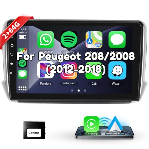 Podofo Carplay Autoradio für Peugeot 208/2008 2012-2018, Android 2G+64G HiFi, 10" Touchscreen Android Auto GPS Navi WiFi Bluetooth FM RDS Radio USB Auto-Stereo-Player von podofo