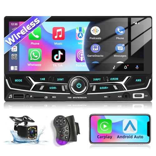 Podofo Doppel Din Autoradio mit Carplay Wireless Android Auto,6.86 Zoll Auto Radio Touchscreen MP5 Player mit Bluetooth 5.1 FM-Radio/USB/EQ/Lenkradsteuerung + AHD Rückfahrkamera von podofo