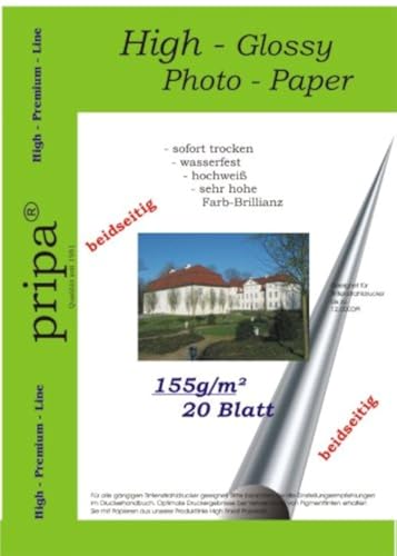 pripa beidseitig 20 Blatt Fotopapier Photopapier A4, 155g - beidseitig Glossy glaenzend - sofort trocken - wasserfest - hochweiß - sehr hohe Farbbrillianz Fuer Inkjet – Tintenstrahl Drucker von pripa