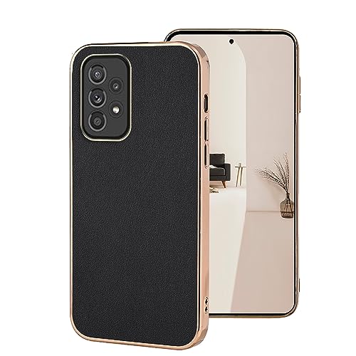 qichenlu A33 5G Echt Leder Cover,【Luxus Chrom Golden Rand,Robustes Rindsleder】 Luxuriös Schwarz Weich TPU Bumper Case Handyhülle Tasche für Samsung Galaxy A33 5G von qichenlu