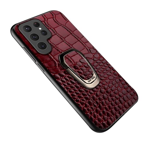 qichenlu Backcover für Auto Magnet Halterung Rot Kokrodil Muster Echtleder Hülle für Samsung Galaxy S23 Ultra,mit Ring Halter Standing Cover Robust Rindsleder Case für KFZ Handyhalterung von qichenlu