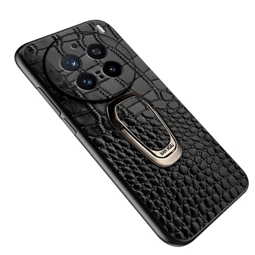 qichenlu Backcover für Auto Magnet Halterung Schwarz Kokrodil Muster Echtleder Hülle für VIVO X200 Pro,mit Ring Halter Standing Cover Robust Rindsleder Case für KFZ Handyhalterung von qichenlu