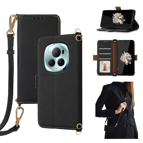 qichenlu Echt Leder Crossbody Case Abnehmbare Kette,【Glitzer Strass,Magnetverschluss,RFID-Sperre】 Klapphülle mit Fotorahmen Standing Cover für Honor Magic 6 Pro 5G,Schwarz von qichenlu