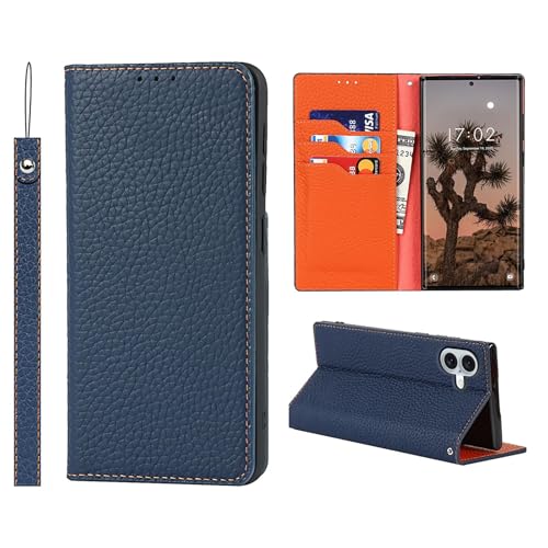 qichenlu Echt Leder Handyhülle kompatibel mit iPhone 16 Plus,【Standfunktion,Kartenfächer,Magnetverschluss】 Kontrast Navy & Orange Echte Ledertasche Book Cover Flip Wallet Case mit Handschlaufe von qichenlu