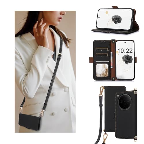 qichenlu Echt Leder Hülle mit Band,【Abnehmbarer Schultergurt,Standfunktion,Magnetverschluss】 RFID Schutz Geldbörse Crossbody Handyhülle Flip Case für Oppo Find X8,Vintage Schwarz von qichenlu