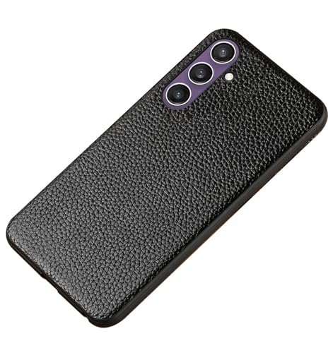 qichenlu Echtleder Backcover für Samsung Galaxy S24,【Robustes Rindsleder,Klassisch,Business】 Schwarz Weicher Silikon Rand Schutz Robustes Rindsleder Handyschale von qichenlu