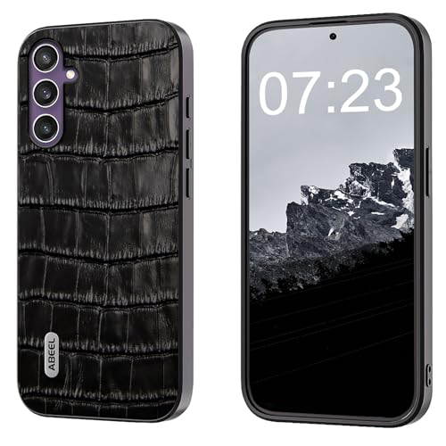 qichenlu Echtleder Backcover für Samsung Galaxy S24 FE,【Geprägtes Krokodil Muster,Robustes Rindsleder】 Stoßfest Rand Ecken Schutz Ledercase Tasche Handy Hülle,Schwarz von qichenlu