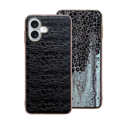 qichenlu Echtleder Case kompatibel mit iPhone 16 Plus,【Sommer Bubbles Serie,Chrom Golden Rand,Robustes Rindsleder】 Mysteriös Schwarz Weich Bumper Handytasche Schutzhülle von qichenlu