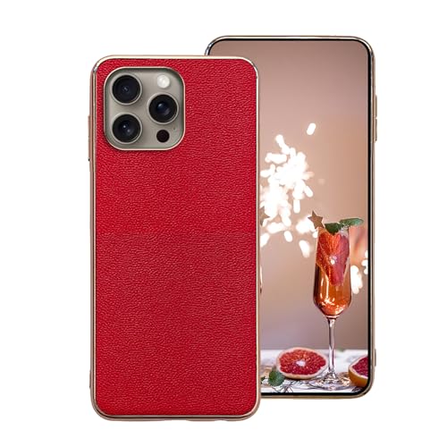 qichenlu Echtleder Hülle kompatibel mit iPhone 16 Pro,【Luxuriös Chrom Rand,Robustes Rindsleder】 Elegant Rot Stoßfest TPU Bumper Echte Ledertasche Handyhülle von qichenlu