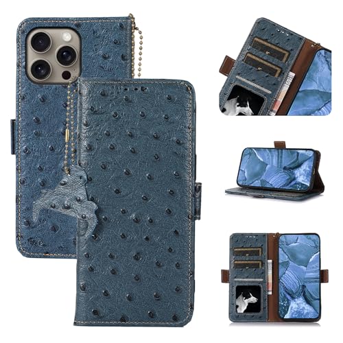 qichenlu Echtleder RFID Schutz Hülle kompatibel mit iPhone 16 Pro,Magnet Ständer Cover Wallet Case mit Fotorahmen Klapphülle,Strauß Tiermuster Blau von qichenlu