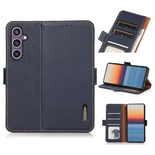 qichenlu Echtleder Tasche für Samsung Galaxy A56 5G,【Standing Cover,Magnetverschluss】 Navy Blau-mit Fotorahmen Echtleder Klapphülle Book Wallet Case Geldbörse mit Kartenfächer von qichenlu