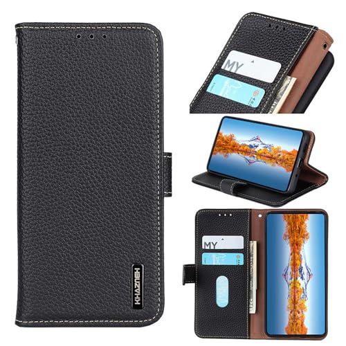 qichenlu Echtleder Tasche für Samsung Galaxy S24 FE,【Standing Cover,Magnetverschluss】 Schwarz Echtleder Klapphülle Book Wallet Case Geldbörse mit Kartenfächer von qichenlu