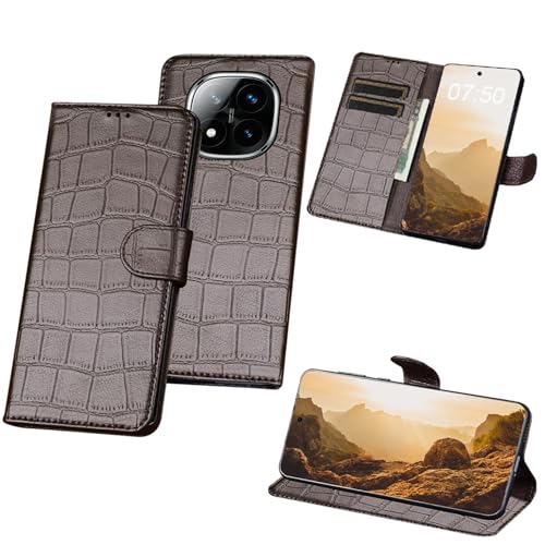 qichenlu Luxuriös Tiermuster Alligator Braun Echtleder Handytasche für Xiaomi Redmi Note 14 Pro Plus+ 5G,Rindsleder Klapphülle Magnet Cover Wallet Case von qichenlu