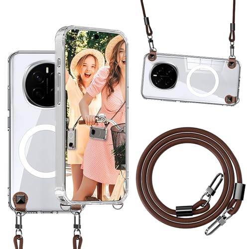 qichenlu Magnethülle Crossbody Case für Honor Magic 7 kompatibel mit MagSafe,Abnehmbare Echtleder Schnur Niete Handy Kette Auto Magnet Halterung Hülle - Crystal Clear von qichenlu