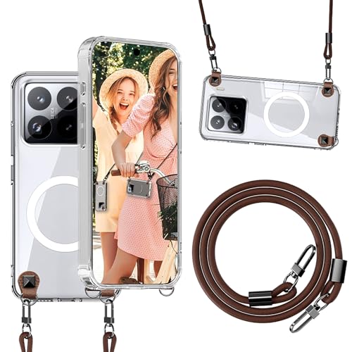 qichenlu Magnethülle Crossbody Case für Xiaomi 15 Pro kompatibel mit MagSafe,Abnehmbare Echtleder Schnur Niete Handy Kette Auto Magnet Halterung Hülle - Crystal Clear von qichenlu