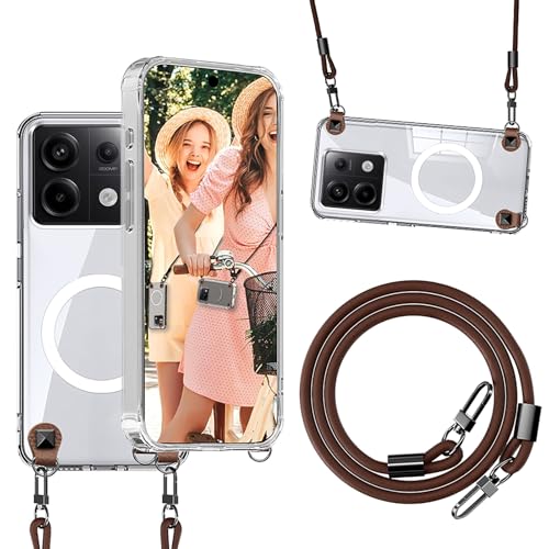 qichenlu Magnethülle Crossbody Case für Xiaomi Redmi Note 13 Pro 5G kompatibel mit MagSafe,Abnehmbare Echtleder Schnur Niete Handy Kette Auto Magnet Halterung Hülle - Crystal Clear von qichenlu