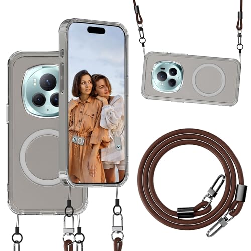 qichenlu Magnetische Hülle mit Abnehmbarer Echtleder Kette für Honor Magic 6 Pro 5G kompatibel mit MagSafe,KFZ Magnet Handyhalterung Case - Transparent von qichenlu